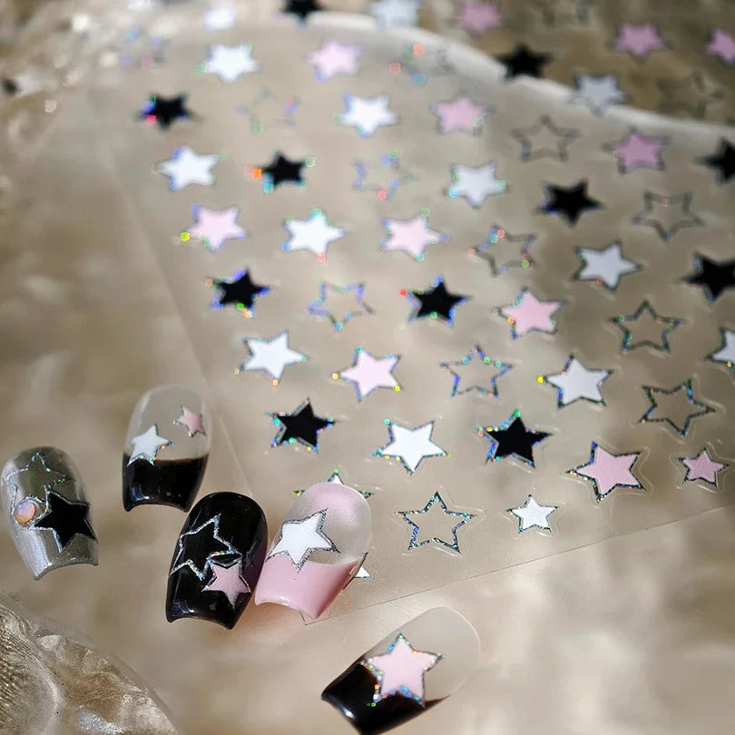 Punk Star Shiny Laser Five-pointed Star White Black Pink Hollow Out Delicate Sparkle Adhesive Nail Art Stickers Manicure Decals (ONLINE ORDER ONLY)