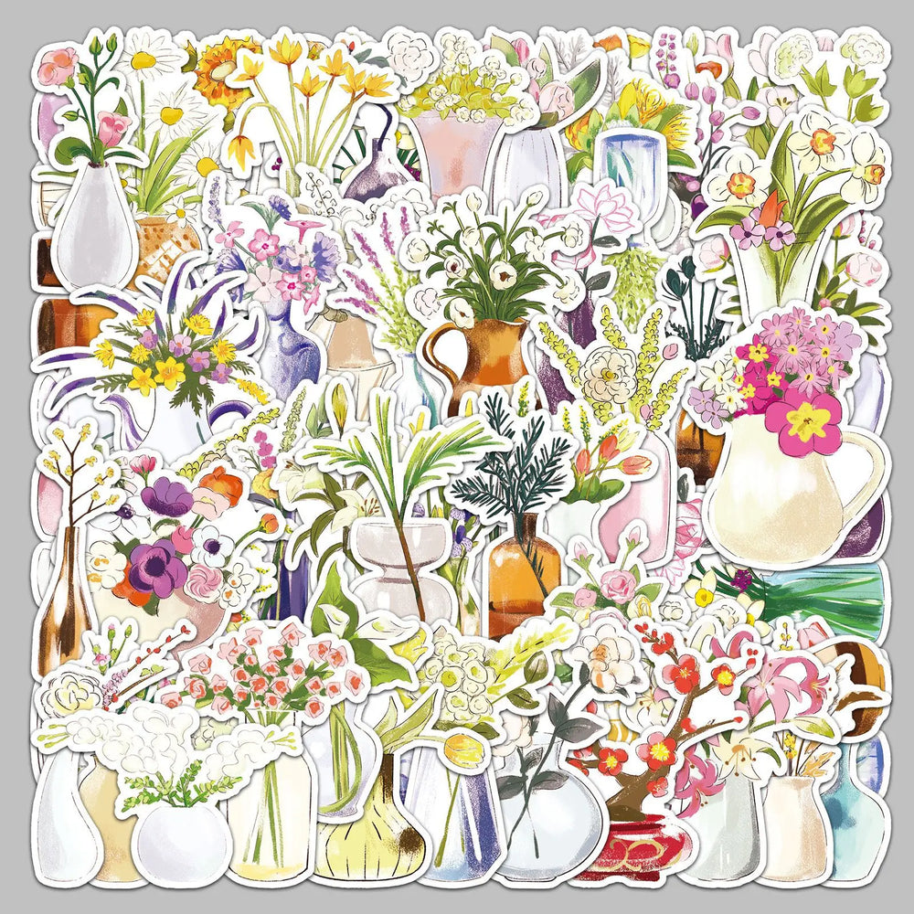50pcs Cute Cartoon Vase Stickers for Helmet, Desktop, Wall Decoration (Online Order Only)