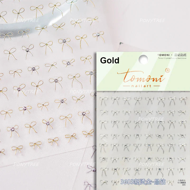 Simple Line Bowknot Red Gold Silver Laser Pink Hot Stamping 3D Self Adhesive Nail Art Stickers Pearl Rhinestone Manicure Decals (ONLINE ORDER ONLY)