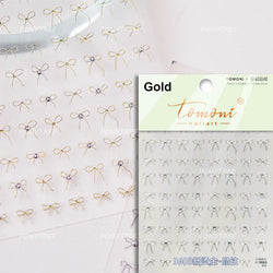 Simple Line Bowknot Red Gold Silver Laser Pink Hot Stamping 3D Self Adhesive Nail Art Stickers Pearl Rhinestone Manicure Decals (ONLINE ORDER ONLY)