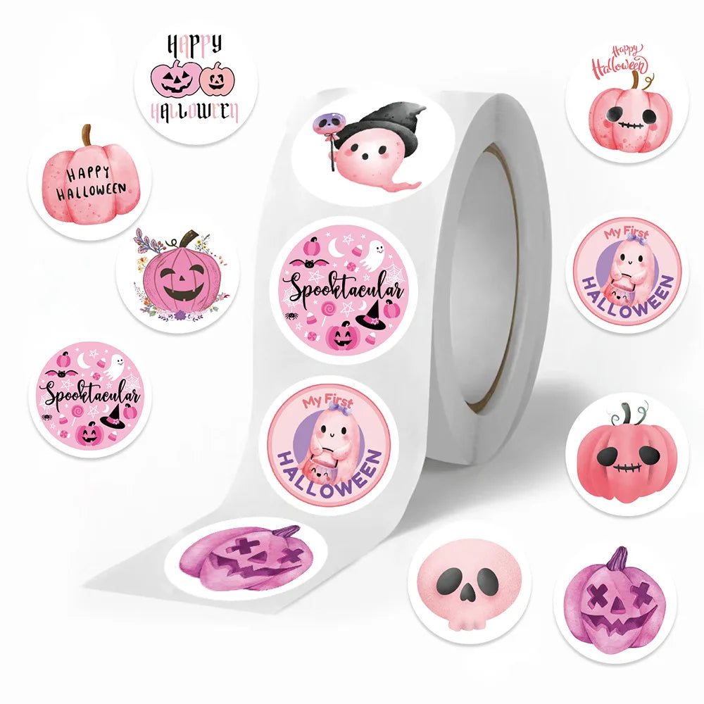 500pcs/roll Pink Halloween Cartoon Graffiti Stickers Phone Guitar Laptop Notebook Suitcase Water Bottles Sticker Gift (Online Order Only)