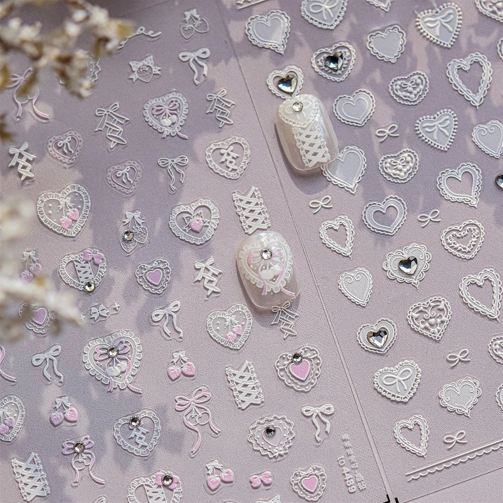 Lovely Heart Strawberry Cherry Bowknot Lace Lolita Crystal Rhinestone Line Rococo Chic Adhesive Nail Art Sticker Manicure Decals (ONLINE ORDER ONLY)