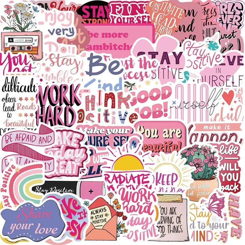 10/30/50PCS Kawaii Encourage Pink PVC Sticky Sticker Aesthetic DIY Stationery Decoration Scrapbooking School Supplies for Kids (ONLINE ORDER ONLY)