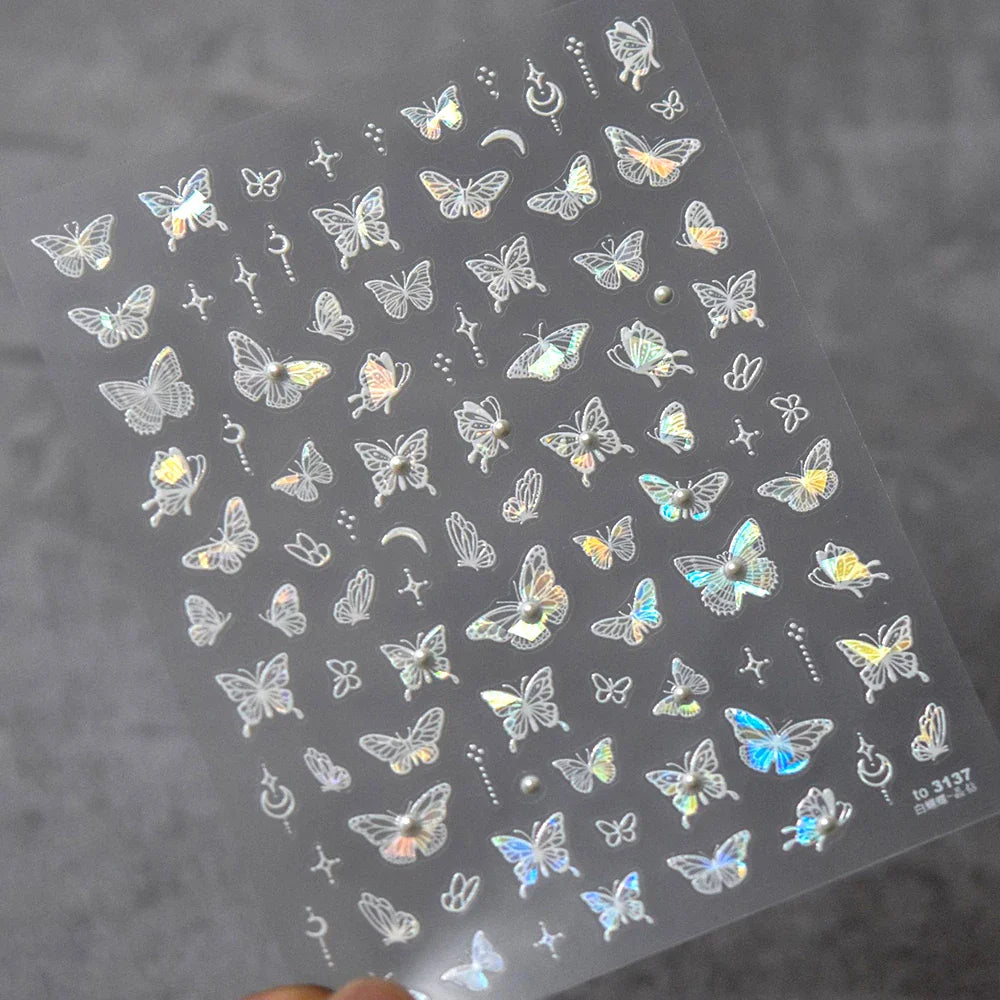 Charming White Shiny Pearl Rhinestone Wings Feathers Crown Moon Stars 3D Self Adhesive Nail Art Sticker Manicure Decal Wholesale (ONLINE ORDER ONLY)