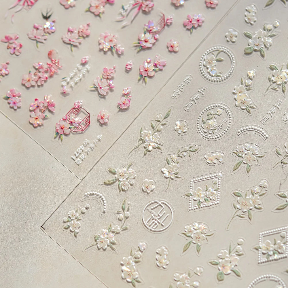 Pink Peach Blossom Flower White Pear Romantic Archaistic Swallow Window Adhesive Nail Art Stickers Rhinestone Manicure Decals (ONLINE ORDER ONLY)
