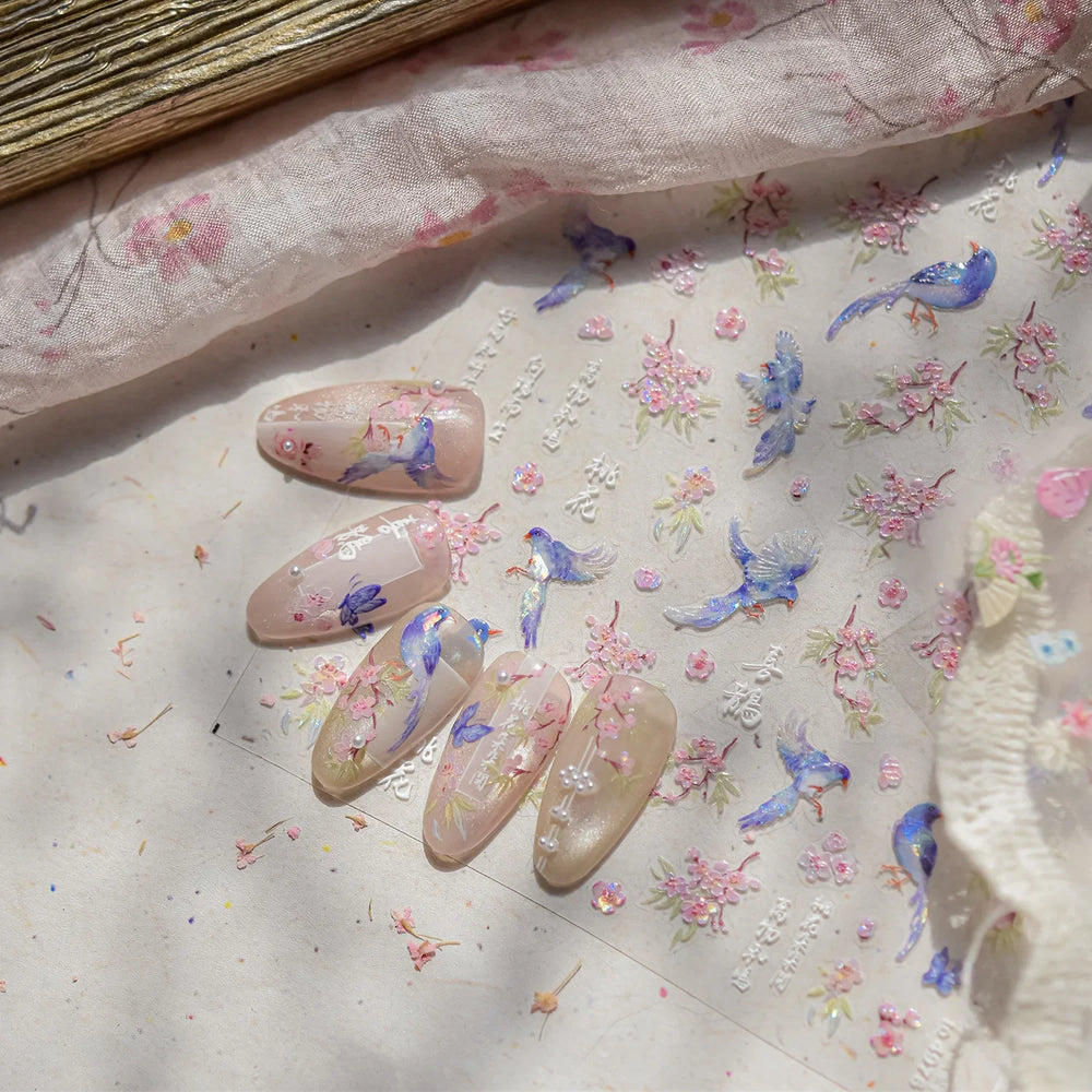 Pink Peach Blossom Blue Magpie Butterfly Bird Wing Tree Branch Animals Plants Shiny 3D Adhesive Nail Art Stickers Manicure Decal (ONLINE ORDER ONLY)