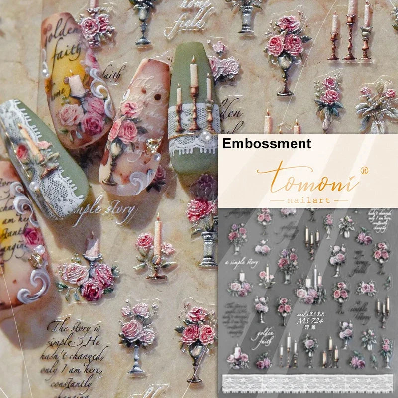 Romantic Candle Holder Lace Rambler Rose Pink Flower Bowknot Candlestick Ribbon Adhesive Nail Art Stickers Shiny Manicure Decals (ONLINE ORDER ONLY)