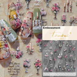 Romantic Candle Holder Lace Rambler Rose Pink Flower Bowknot Candlestick Ribbon Adhesive Nail Art Stickers Shiny Manicure Decals (ONLINE ORDER ONLY)