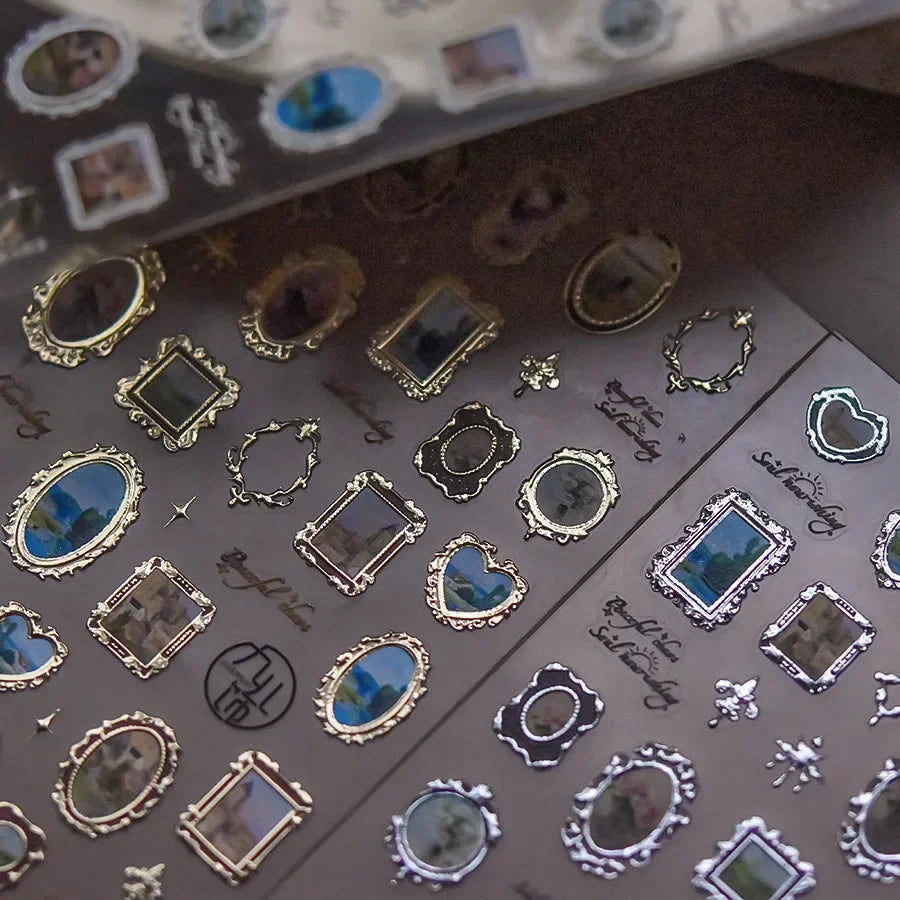 Retro Rose Gold Silver Totem Picture Photo Frame Flower 5D Self Adhesive Nail Art Stickers 5D Shiny Rhinestone Manicure Decals (ONLINE ORDER ONLY)