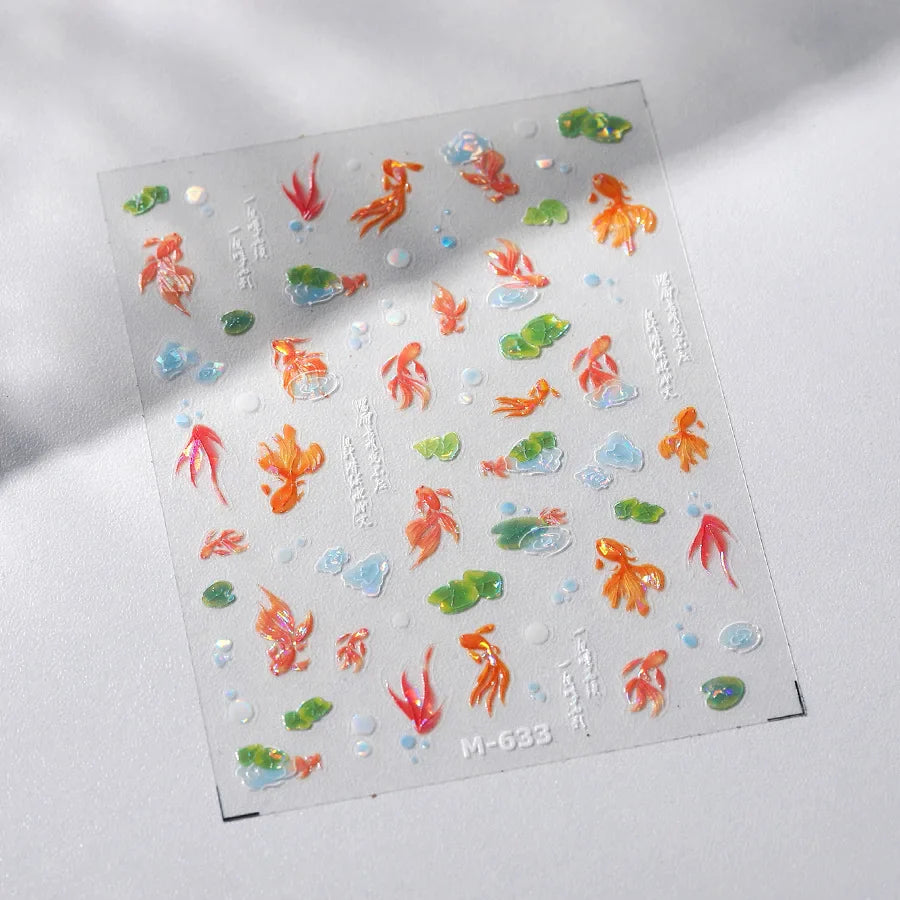 Lotus Leaf Brocaded Carp Koi Playing Goldfish Cavort Ripple Droplet Water Bubbles Self Adhesive Nail Art Stickers Manicure Decal (Online Order Only)