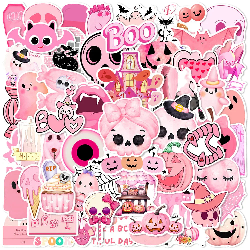 Pink Halloween Stickers: Ghost Skull Decals for Notebook, Phone, Motorcycle, Fridge, Kids Gifts (10/30/50pcs) (ONLINE ORDER ONLY)