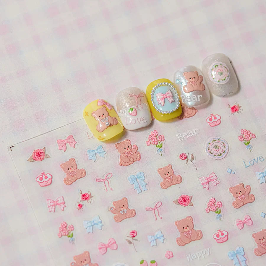 Charming Cherry's Cake Cute Bowknot Pink Blue Bear Flower Bouquet Strawberry Adhesive Nail Art Sticker Rhinestone Manicure Decal (Online Order Only)