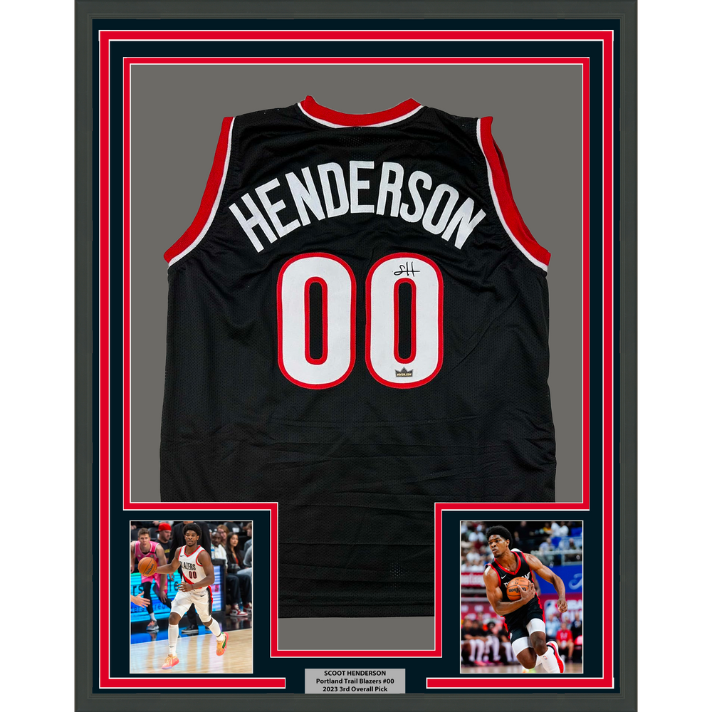Framed Facsimile Autographed Scoot Henderson 35x39 Portland Black Reprint Laser Auto Basketball Jersey (ONLINE ORDER ONLY)