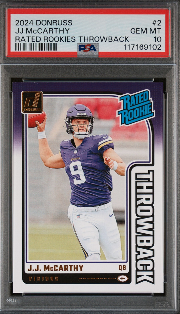 Graded 2024 Panini Donruss JJ McCarthy #2 Rated Rookies Throwback Rookie RC Football Card PSA 10 Gem Mint (ONLINE ORDER ONLY)