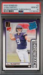 Graded 2024 Panini Donruss JJ McCarthy #2 Rated Rookies Throwback Rookie RC Football Card PSA 10 Gem Mint (ONLINE ORDER ONLY)