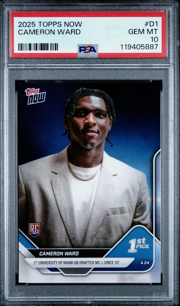 Graded 2025 Topps Now Cam Ward #D1 1st University of Miami QB Drafted Number 1 Since '87 Rookie RC Football Card PSA 10 Gem Mint