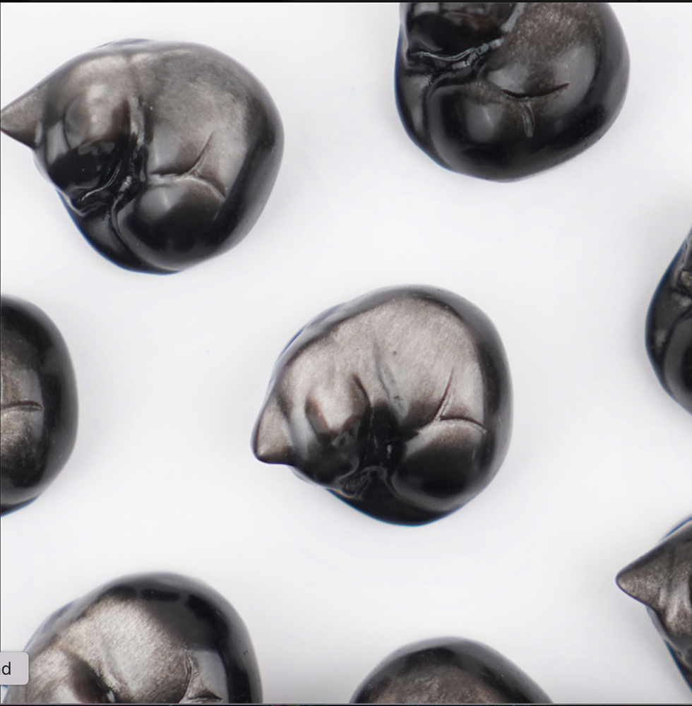 3 cm Sleepy Silver Obsidian Cat Sculpture, Mini Black Cat, Black Crystal Cat, Cat Lover Gift (ONLINE ORDER ONLY)