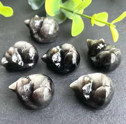 3 cm Sleepy Silver Obsidian Cat Sculpture, Mini Black Cat, Black Crystal Cat, Cat Lover Gift (ONLINE ORDER ONLY)