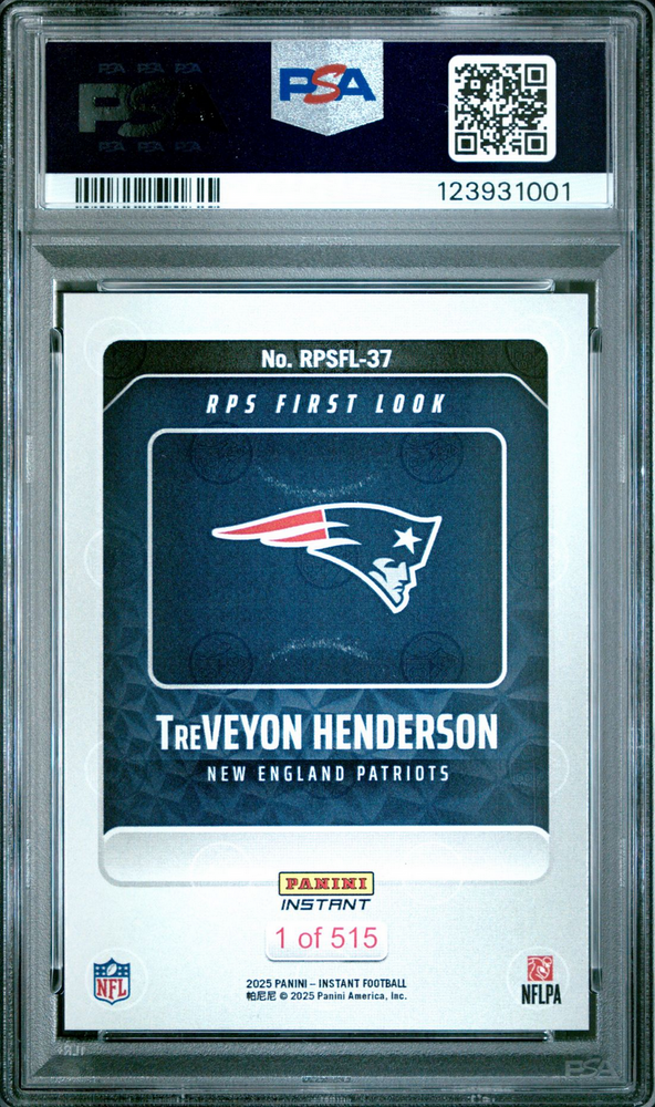 Graded 2025 Panini Instant TreVeyon Henderson #RPSFL37 RPS First Look Rookie RC Football Card PSA 10 Gem Mint