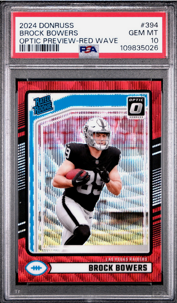 Graded 2024 Panini Donruss Brock Bowers #394 Optic Preview Red Wave Rookie RC Football Card PSA 10 Gem Mint (ONLINE ORDER ONLY)