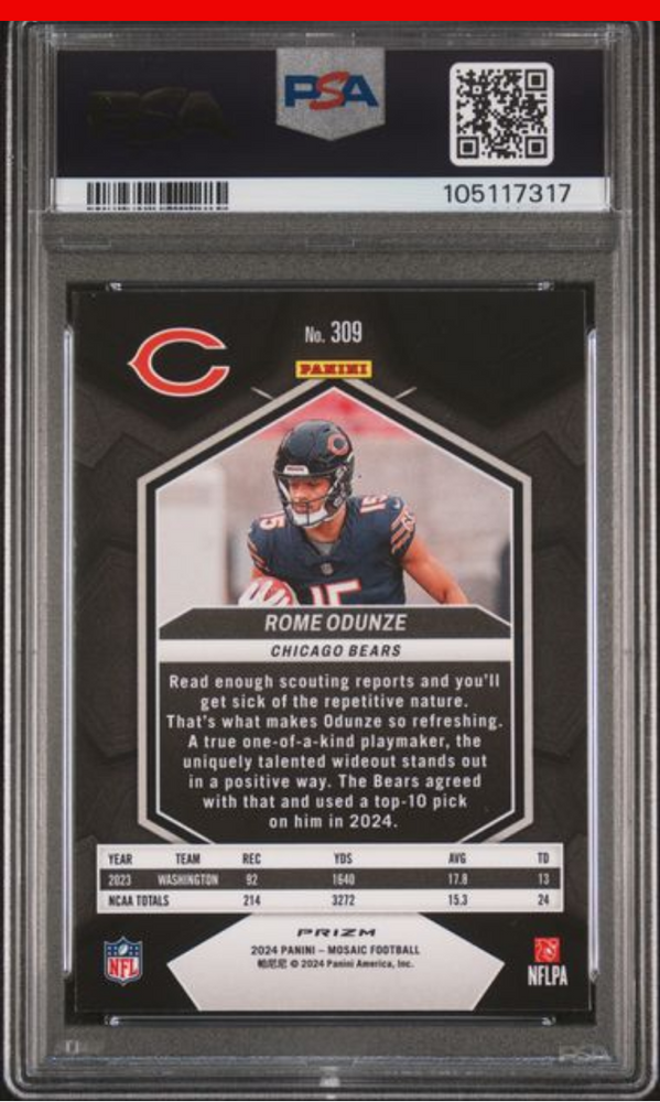 Graded 2024 Panini Mosaic Rome Odunze #309 Reactive Blue Rookie RC Football Card PSA 10 Gem Mint