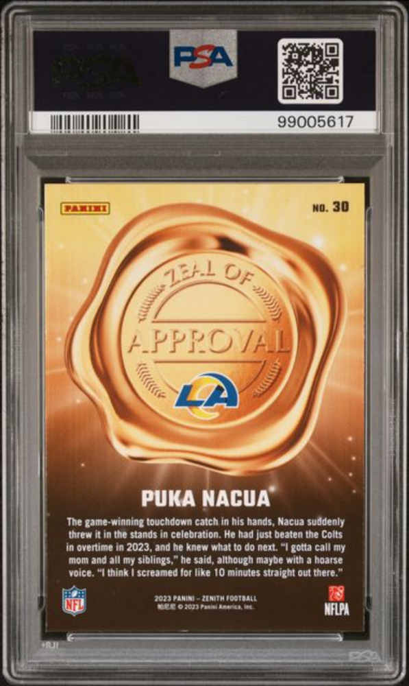 Graded 2023 Panini Zenith Puka Nacua #30 Zeal of Approval Rookie RC Football Card PSA 10 Gem Mint