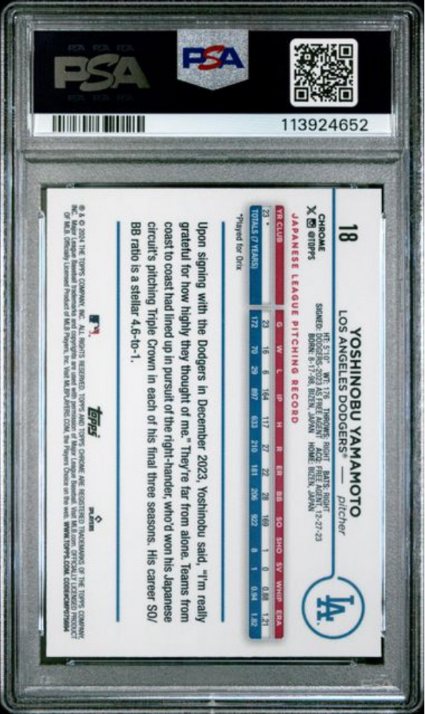 Graded 2024 Topps Chrome Yoshinobu Yamamoto #18 Rookie RC Baseball Card PSA 10 Gem Mint