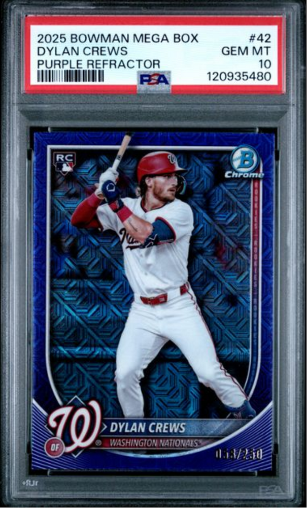 Graded 2025 Topps Bowman Mega Box Dylan Crews #42 Purple Refractor /250 Rookie RC Baseball Card PSA 10 Gem Mint (ONLINE ORDER ONLY)