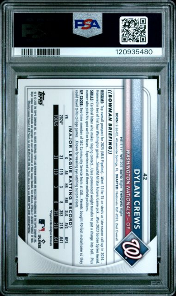 Graded 2025 Topps Bowman Mega Box Dylan Crews #42 Purple Refractor /250 Rookie RC Baseball Card PSA 10 Gem Mint (ONLINE ORDER ONLY)