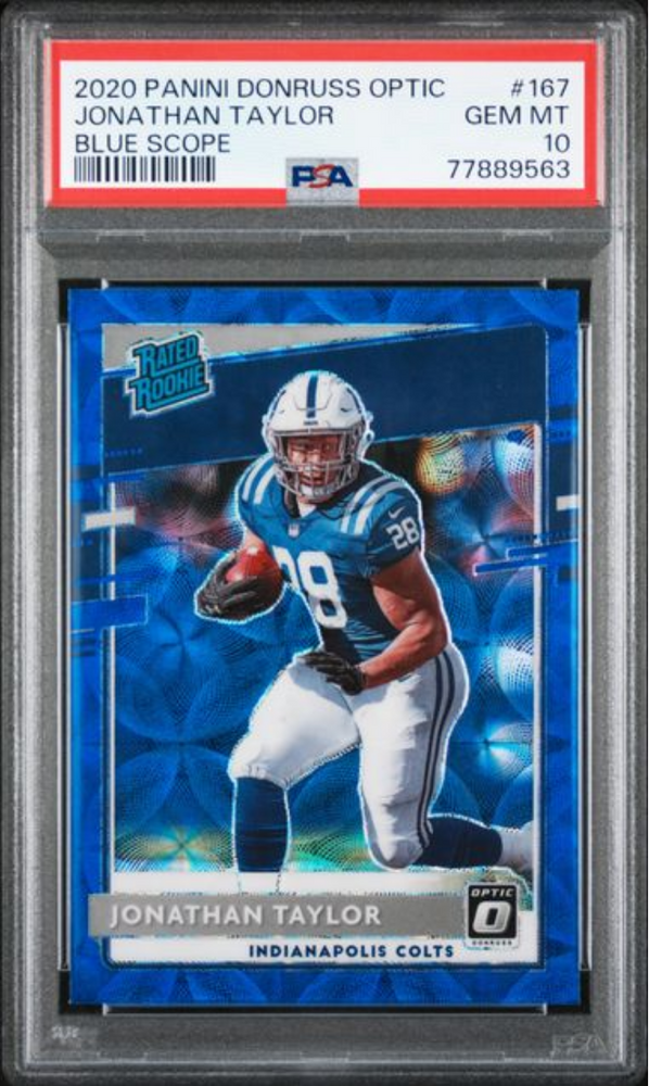 Graded 2020 Panini Donruss Optic Jonathan Taylor #167 Blue Scope Rookie RC Football Card PSA 10 Gem Mint (ONLINE ORDER ONLY)