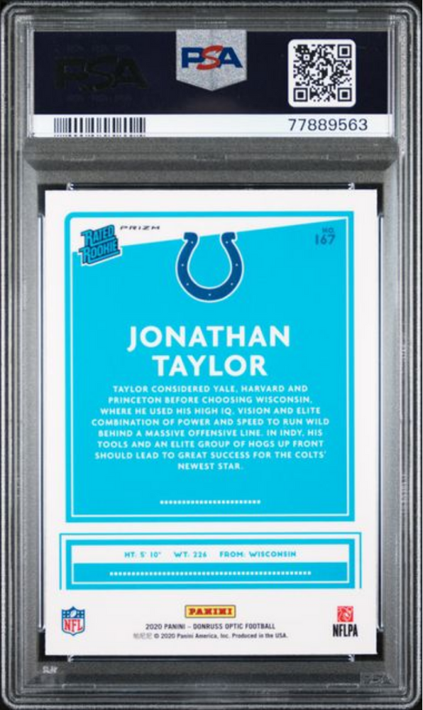 Graded 2020 Panini Donruss Optic Jonathan Taylor #167 Blue Scope Rookie RC Football Card PSA 10 Gem Mint (ONLINE ORDER ONLY)