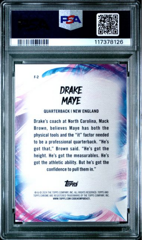 Graded 2024 Topps Chrome Drake Maye #F2 Finesse Rookie RC Football Card PSA 10 Gem Mint