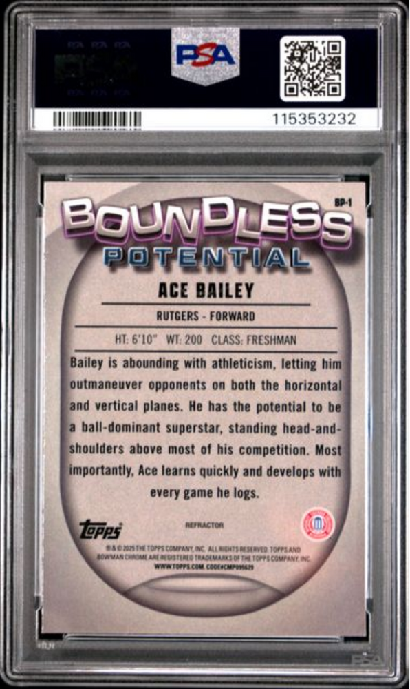 Graded 2024 Topps Bowman Chrome U Ace Bailey #BP1 Boundless Potential Refractor Rookie RC Basketball Card PSA 10 Gem Mint (ONLINE ORDER ONLY)