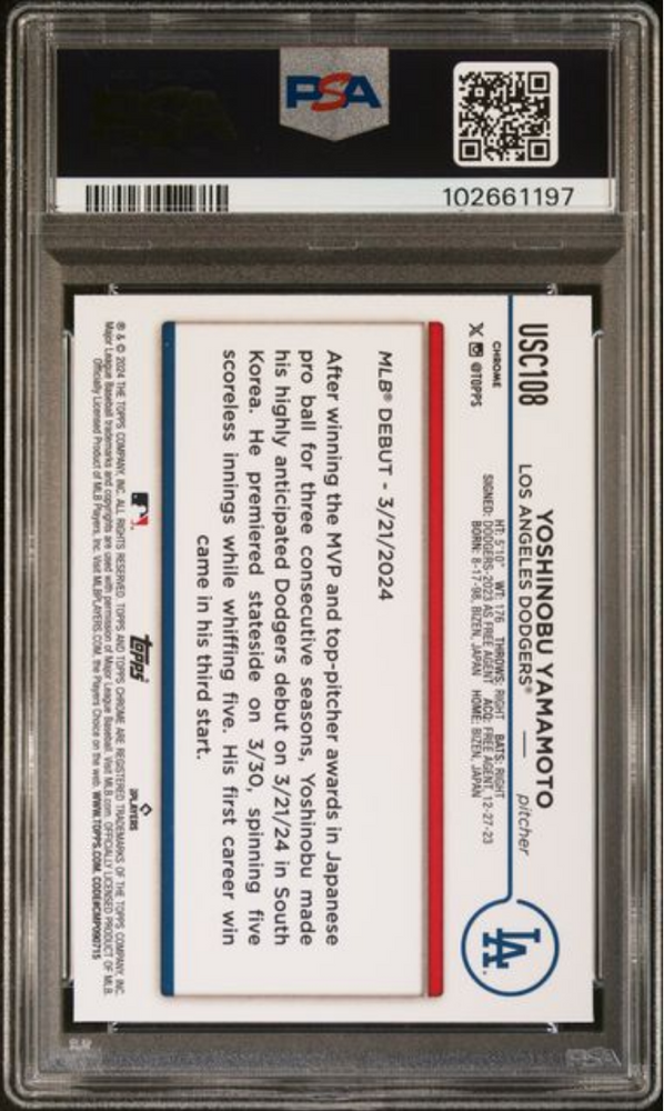 Graded 2024 Topps Chrome Update Yoshinobu Yamamoto #USC108 XFractor Rookie RC Baseball Card PSA 10 Gem Mint (ONLINE ORDER ONLY)