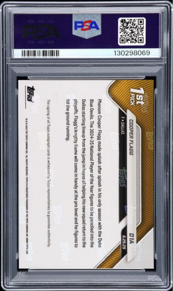 Graded 2025 Topps Now Cooper Flagg #D1A Draft Auto Orange Foil /25 Rookie RC Basketball Card PSA 9 Mint PSA 10 Auto Gem Mint (ONLINE ORDER ONLY)