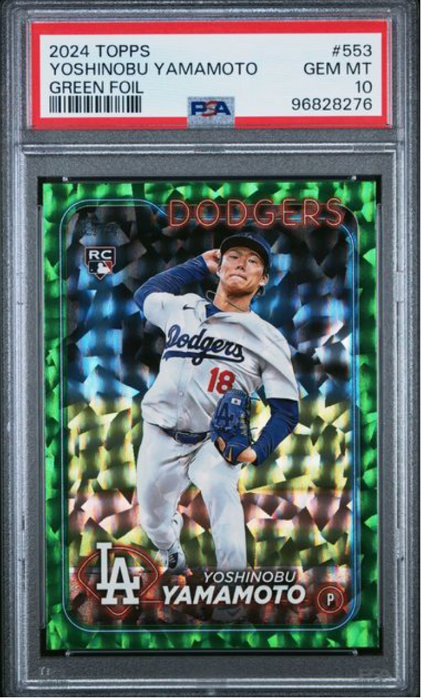 Graded 2024 Topps Yoshinobu Yamamoto #553 Green Foil /499 Rookie RC Baseball Card PSA 10 Gem Mint