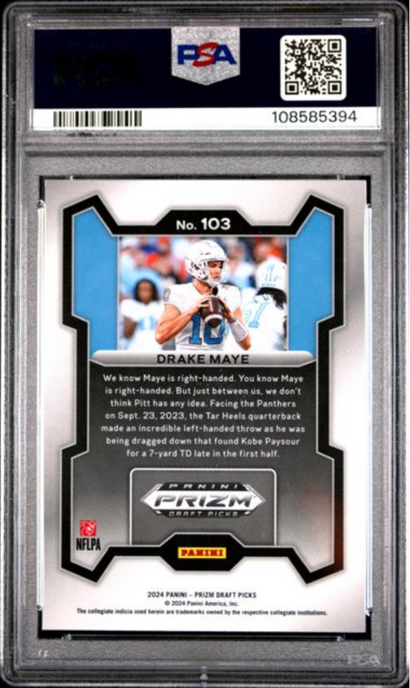 Graded 2024 Panini Prizm Draft Picks Drake Maye #103 Rookie RC Football Card PSA 10 Gem Mint (ONLINE ORDER ONLY)