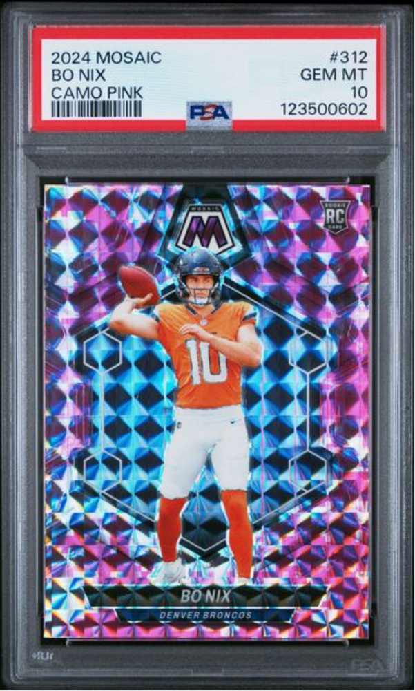 Graded 2024 Panini Mosaic Bo Nix #312 Camo Pink Rookie RC Football Card PSA 10 Gem Mint (ONLINE ORDER ONLY)