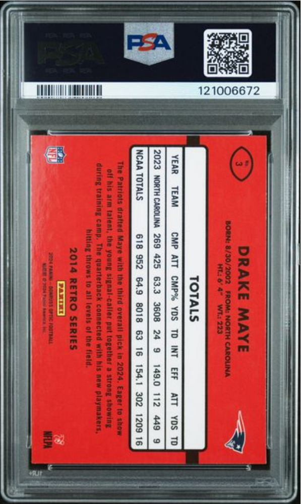 Graded 2024 Panini Donruss Optic Drake Maye #3 2014 Retro Series Rookie RC Football Card PSA 10 Gem Mint