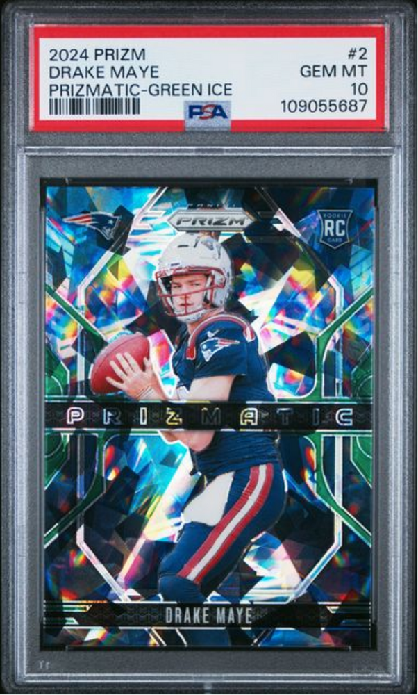 Graded 2024 Panini Prizm Drake Maye #2 Prizmatic Green Ice Rookie RC Football Card PSA 10 Gem Mint (ONLINE ORDER ONLY)