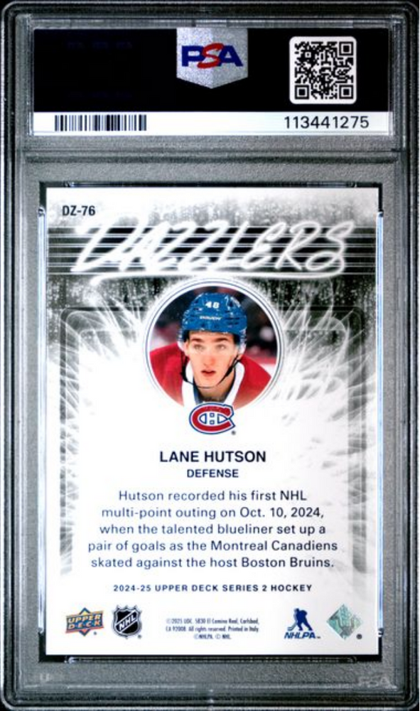 Graded 2024 Upper Deck Lane Hutson #DZ76 Dazzlers Rookie RC Hockey Card PSA 10 Gem Mint (ONLINE ORDER ONLY)