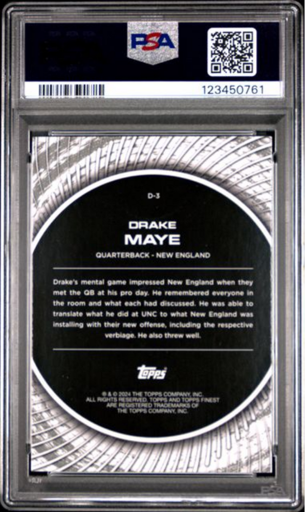 Graded 2024 Topps Finest Drake Maye #D3 Debut Rookie RC Football Card PSA 10 Gem Mint