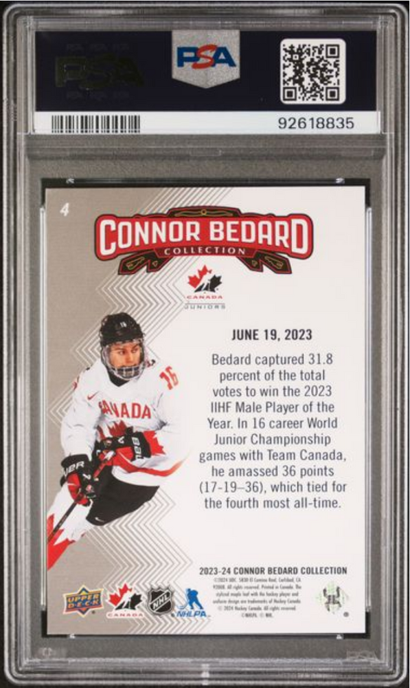 Graded 2023 Upper Deck Bedard Collection Connor Bedard #4 Rookie RC Hockey Card PSA 10 Gem Mint (ONLINE ORDER ONLY)