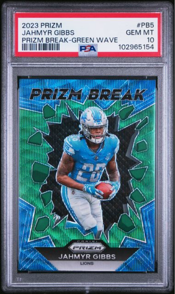 Graded 2023 Panini Prizm Jahmyr Gibbs #PB5 Prizm Break Green Wave Rookie RC Football Card PSA 10 Gem Mint (ONLINE ORDER ONLY)