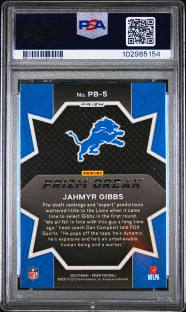 Graded 2023 Panini Prizm Jahmyr Gibbs #PB5 Prizm Break Green Wave Rookie RC Football Card PSA 10 Gem Mint (ONLINE ORDER ONLY)