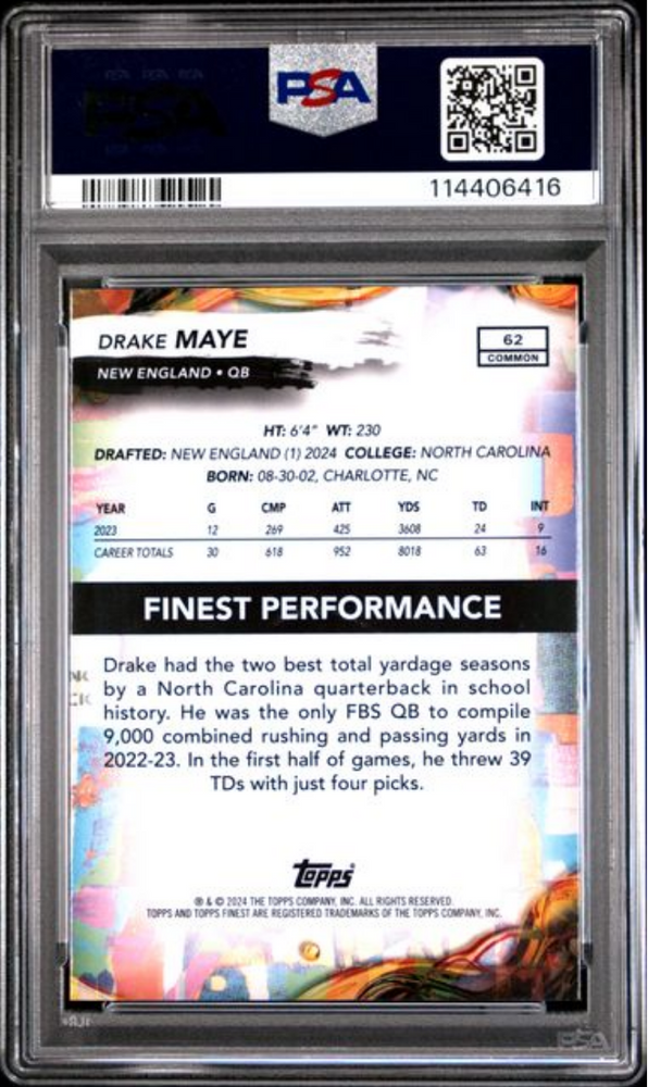 Graded 2024 Topps Finest Drake Maye #62 Rookie RC Football Card PSA 10 Gem Mint