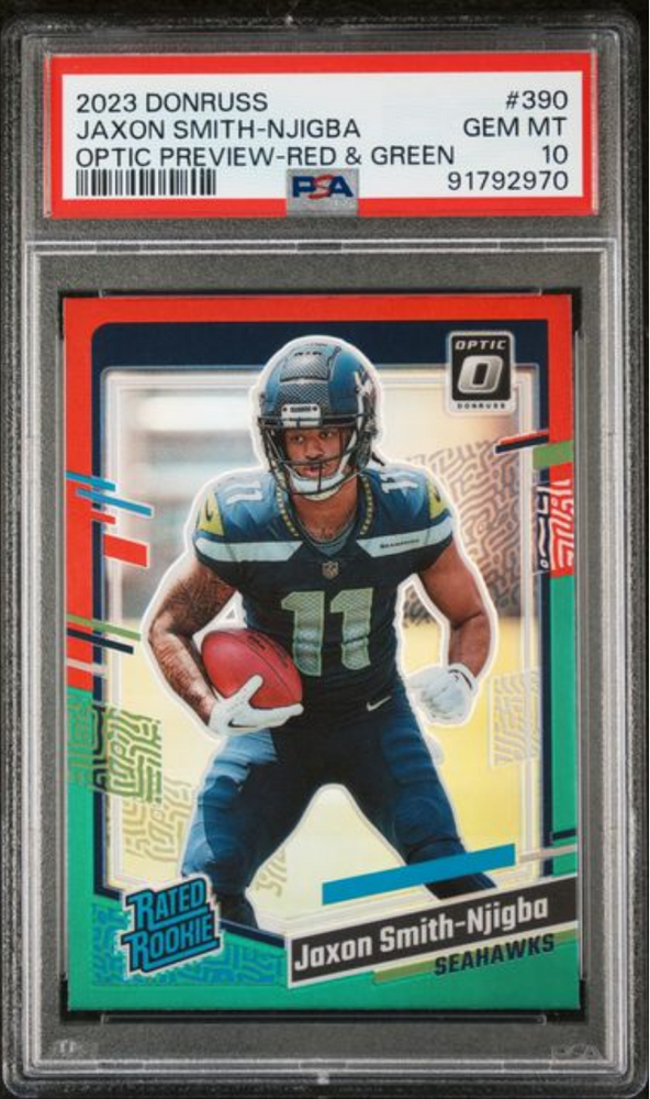 Graded 2023 Panini Prizm Jaxon Smith-Njigba #390 Optic Preview Red & Green Rookie RC Football Card PSA 10 Gem Mint