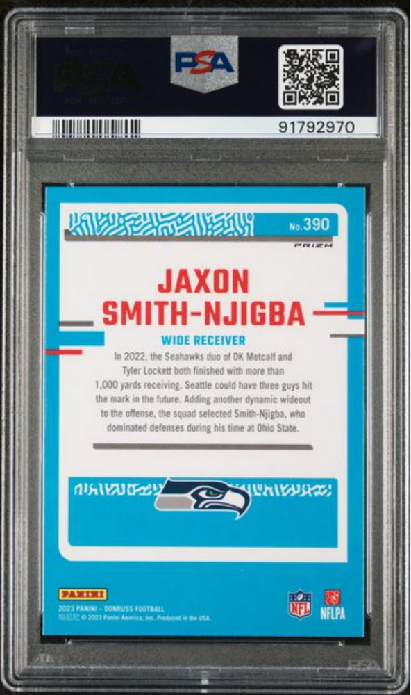 Graded 2023 Panini Prizm Jaxon Smith-Njigba #390 Optic Preview Red & Green Rookie RC Football Card PSA 10 Gem Mint