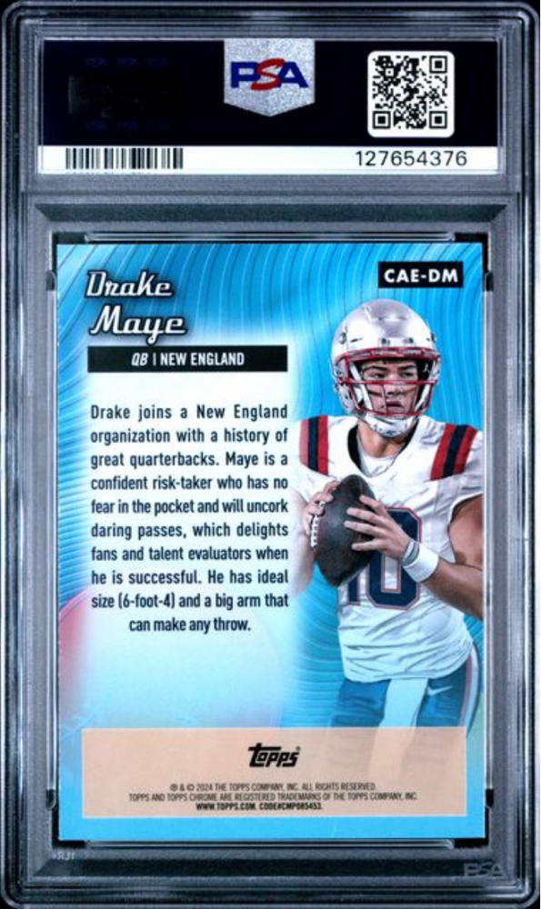 Graded 2024 Topps Chrome Drake Maye #CAEDM Chrome All Etch Rookie RC Football Card PSA 10 Gem Mint
