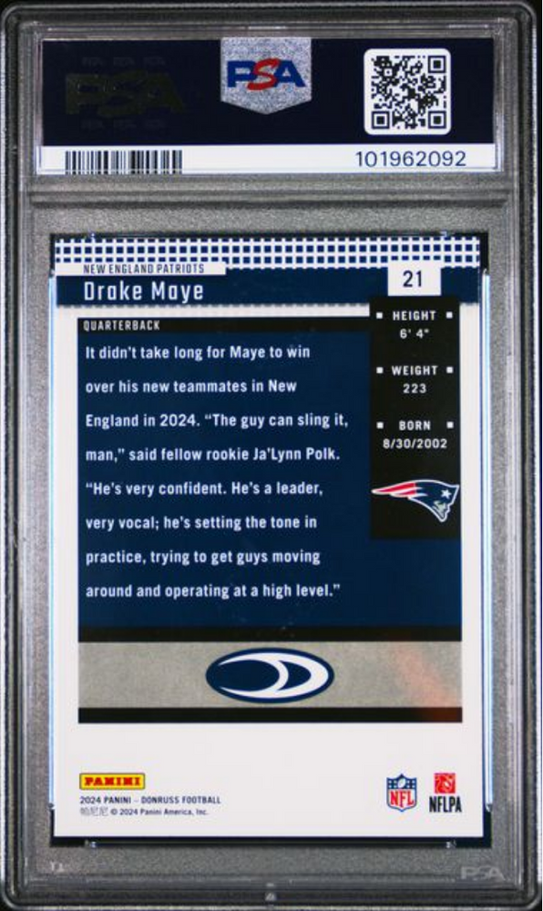 Graded 2024 Panini Donruss Drake Maye #21 Retro 2004 Rookie RC Football Card PSA 10 Gem Mint